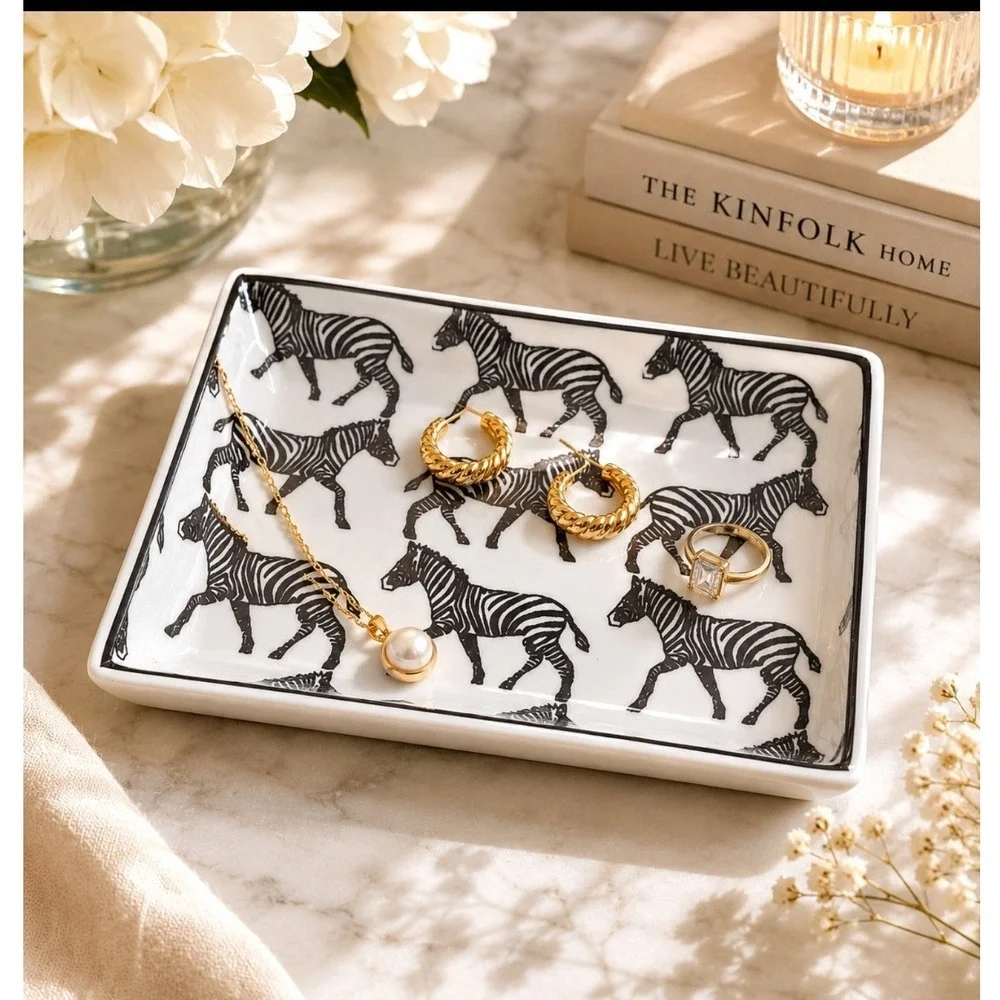 J.Crew Zebra Print Ceramic Trinket Tray Jewelry Dish Silver Trim White Black